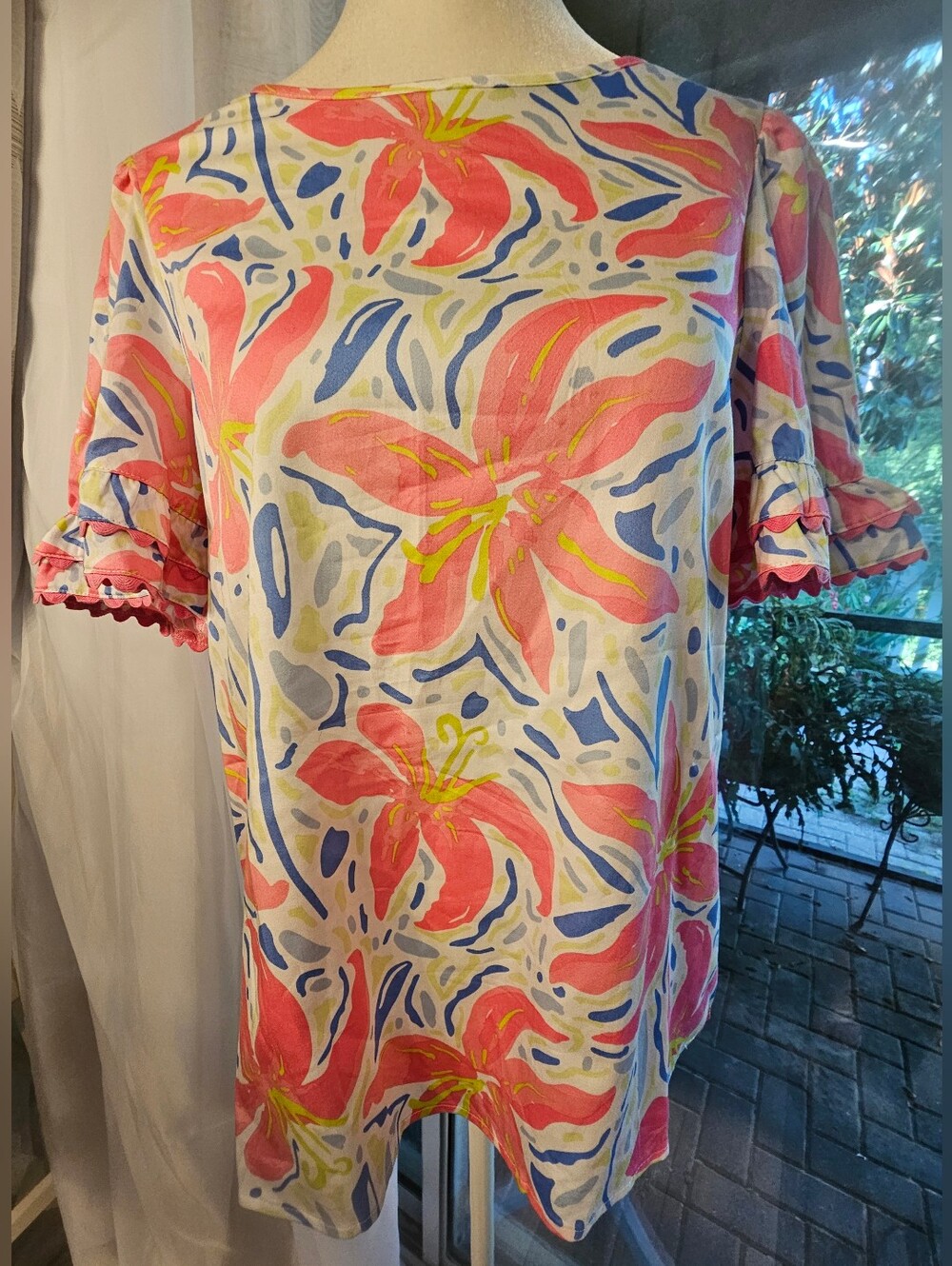Mary Square Floral Ruffle Sleeve Top XS NWT Pink Blue Coastal Preppy